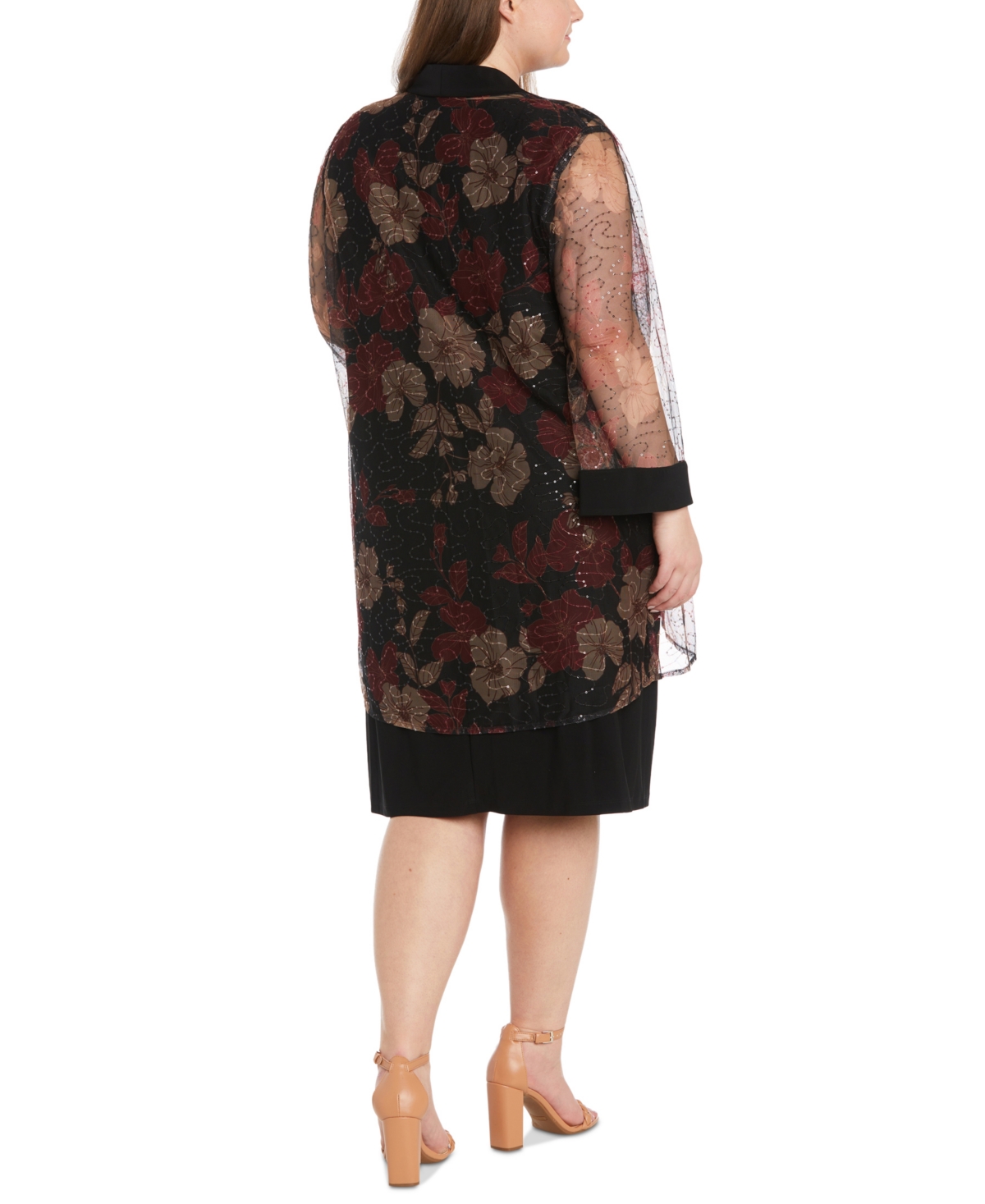 R & M Richards Plus Size Sheer Jacket & Knee-Length Dress -red