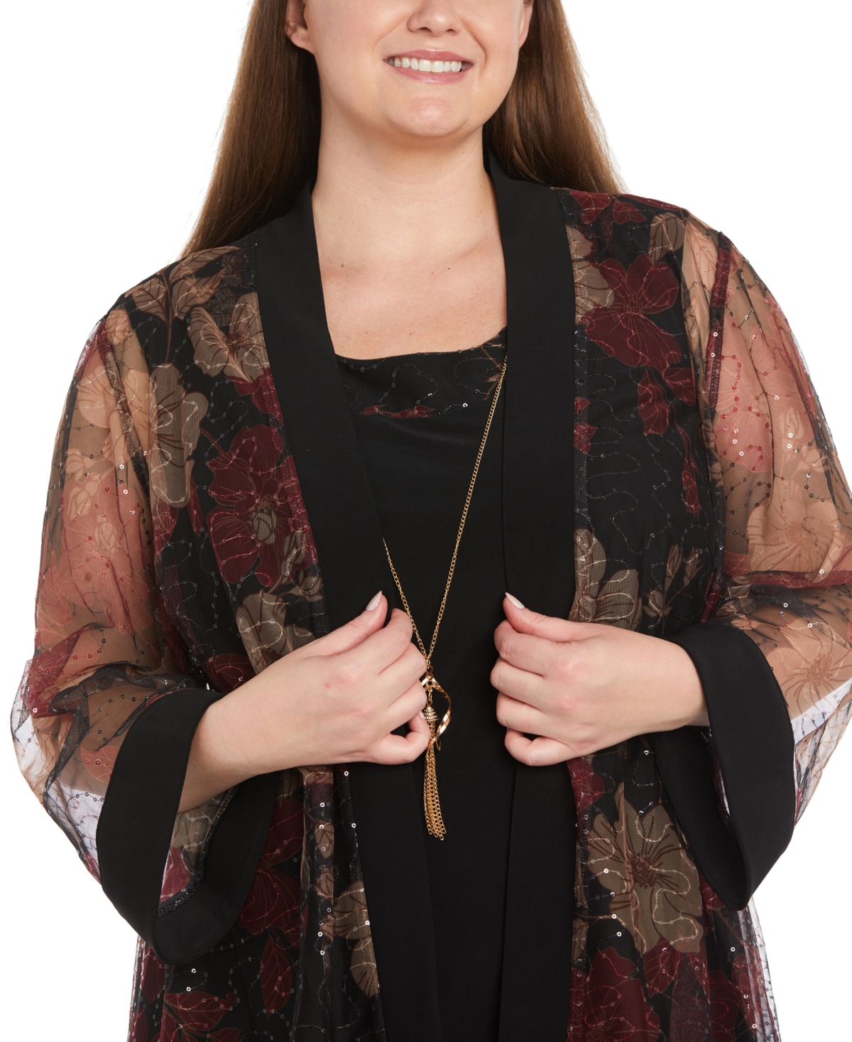 R & M Richards Plus Size Sheer Jacket & Knee-Length Dress -red