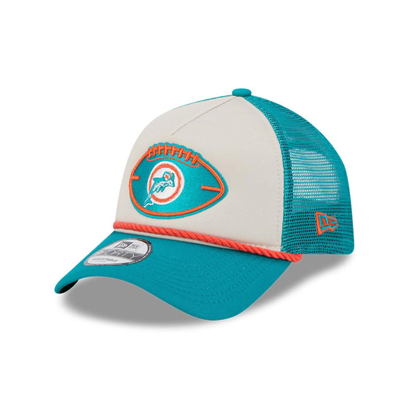 Мужская кепка New Era Stone/Aqua Miami Dolphins 2024 Sideline Historic 9FORTY A-Frame Trucker Adjustable Hat — фото 1