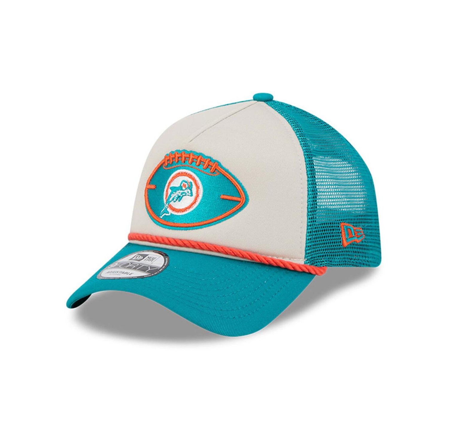 Men's Stone/Aqua Miami Dolphins 2024 Sideline Historic 9FORTY A-Frame Trucker Adjustable Hat