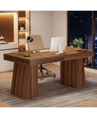 55 Inches Executive Desk, Mid-Century Modern Home Office Desk with Double Trapezoid Base, Wood Computer Desk Business Workstation Desk Small Conference Table