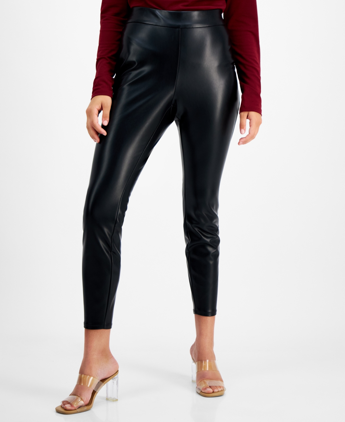 Bar Iii Women's Petite Soft Faux-leather Leggings, Created For Macy's In Deep Black