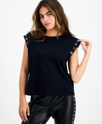 Bar III - Women's Crewneck Grommet-Trim-Sleeve Top