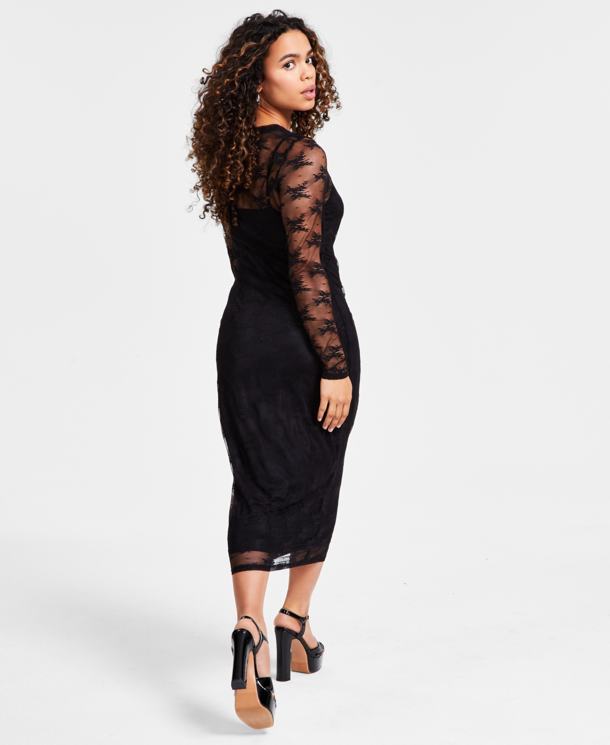 Bar Iii Petite Lace Long-sleeve Bodycon Midi Dress, Created For Macy's In Deep Black