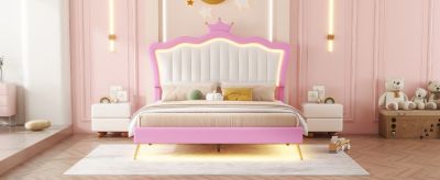 LED Upholstered Princess Bed with Crown Headboard