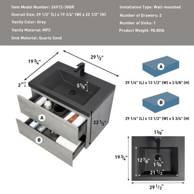 Streamdale Modern 30" Floating Vanity with Black Quartz Top, Grey