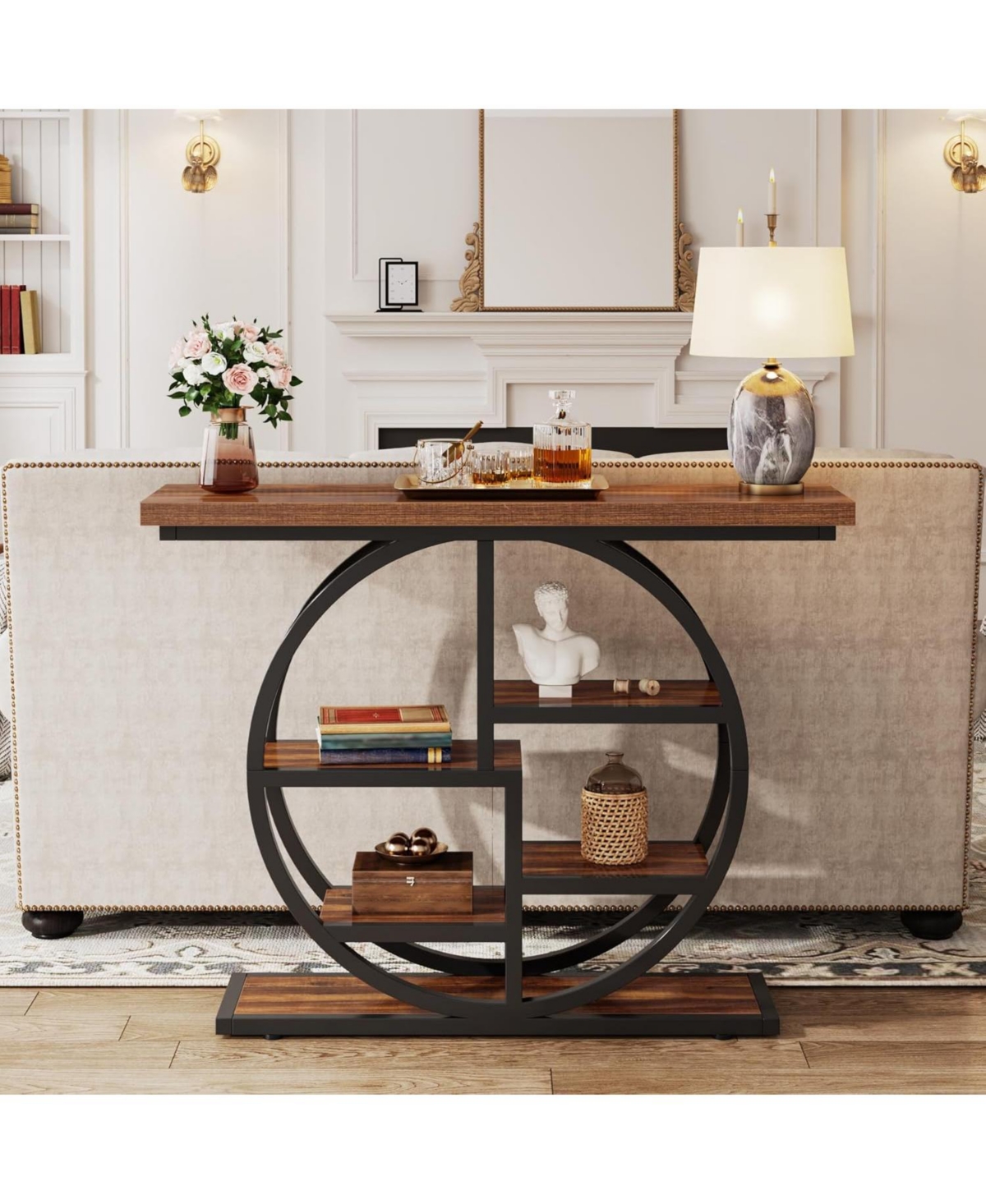Tribesigns Console Table, Industrial 6-Tier Sofa Table Entryway Table with Circle Base, Narrow Wood Accent Tables with Storage Shelves for Livi