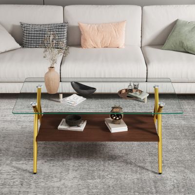 Streamdale Modern Glass Coffee Table with Golden Metal Legs