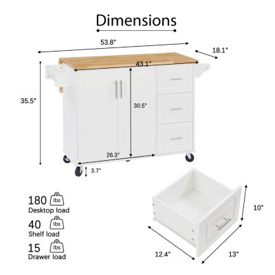 Versatile Kitchen Island Drop Leaf, Rolling Cart, Storage, White