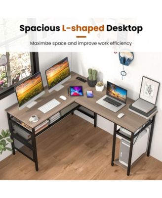 L-Shaped Computer Desk with Charging Station and Adjustable Shelf-Gray