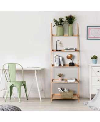 5-Tier Ladder Shelf Bamboo Bookshelf Wall-Leaning Storage Display Plant Stand-Natural
