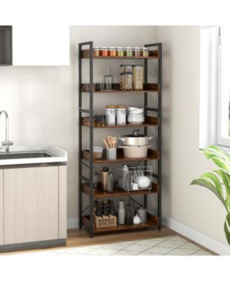 6-Tier Industrial Bookcase with Open Shelves, Metal Frame, 4 Hooks, and Anti-Tip Design