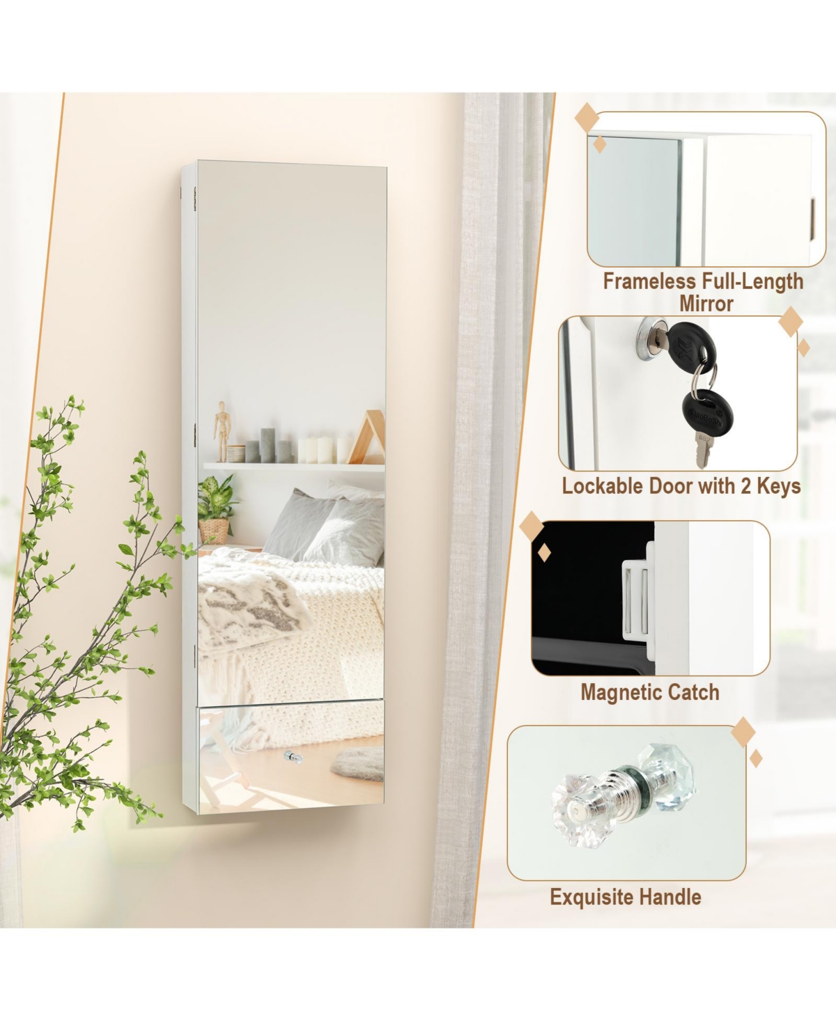Skonyon Wall Mounted Jewelry Armoire Organizer with Full-Length Frameless Mirror- White