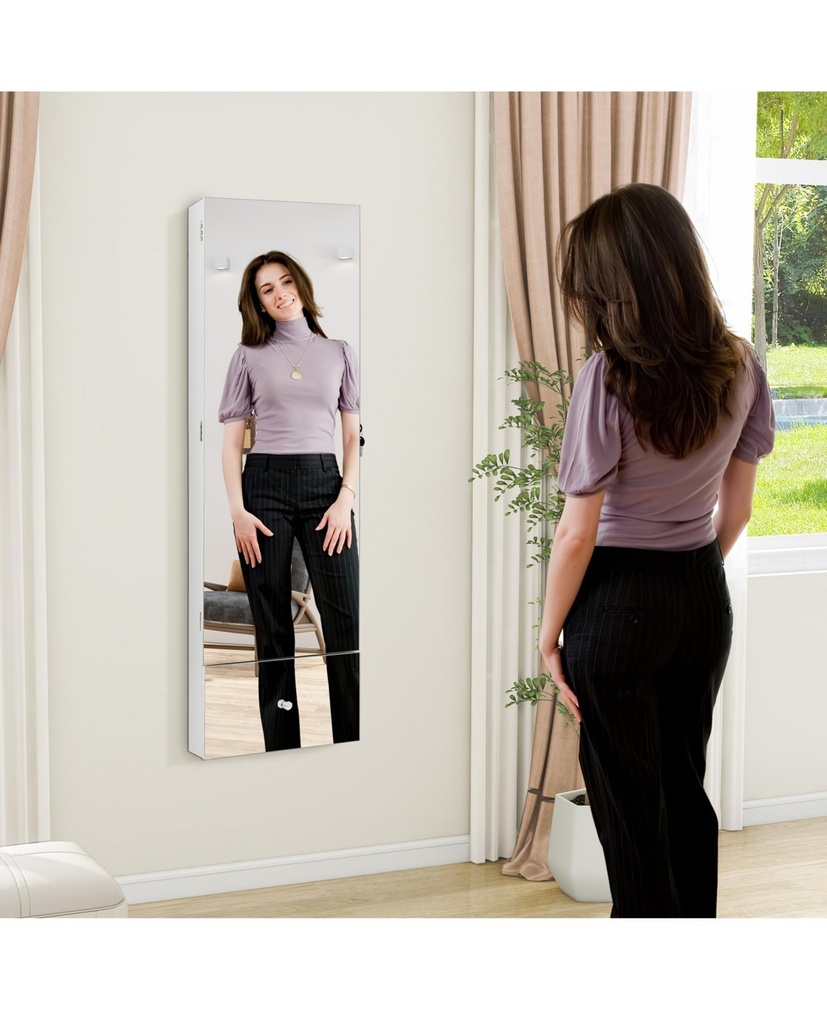 Skonyon Wall Mounted Jewelry Armoire Organizer with Full-Length Frameless Mirror- White