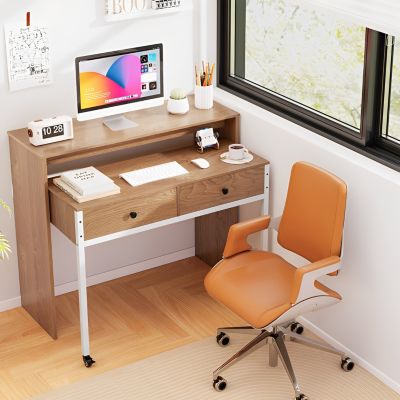 Extendable Computer Desk with Pull Out Secondary Desk-Natural