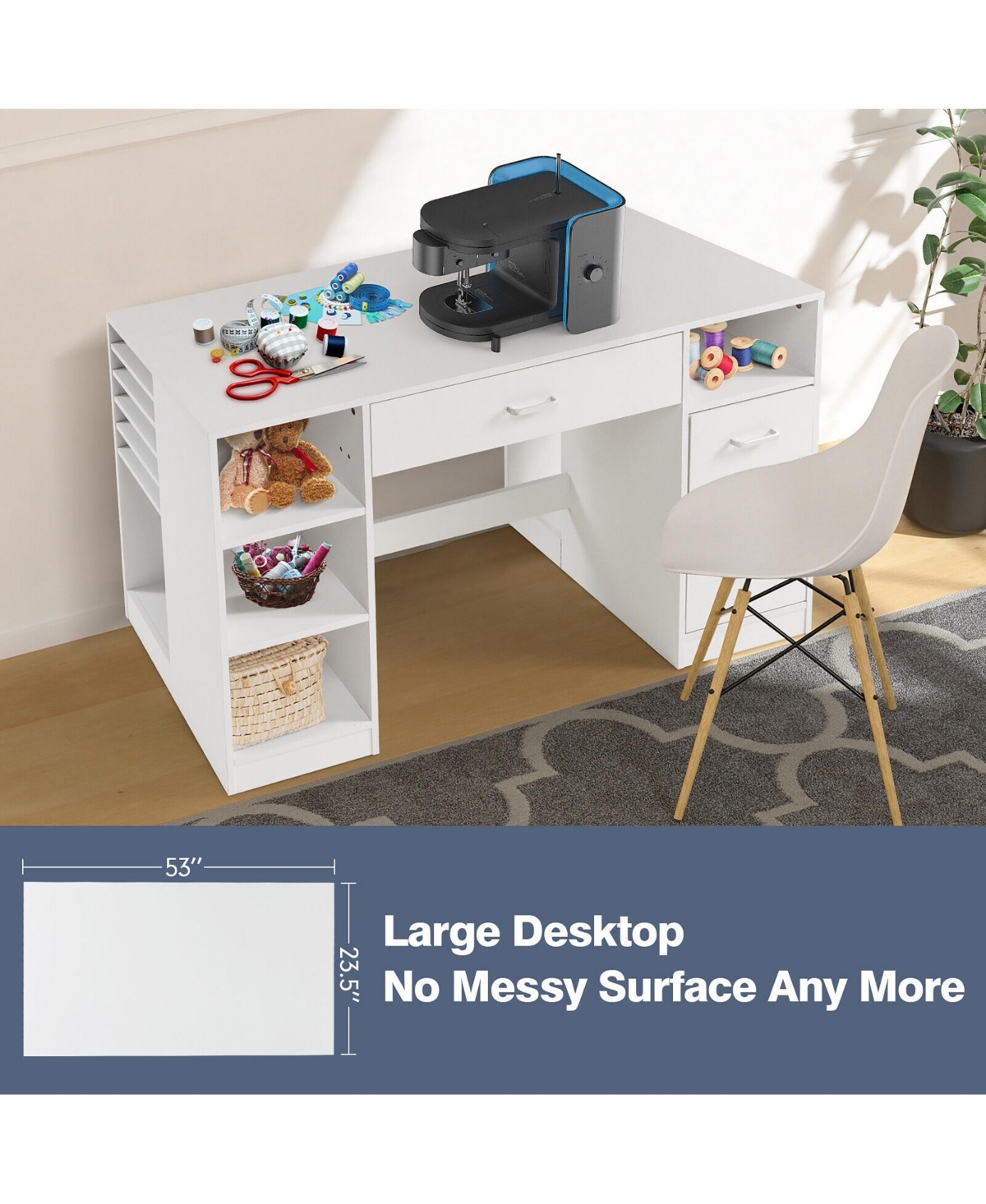 Skonyon Sewing Craft Table Home Office Computer Desk with Storage Shelves and Drawer