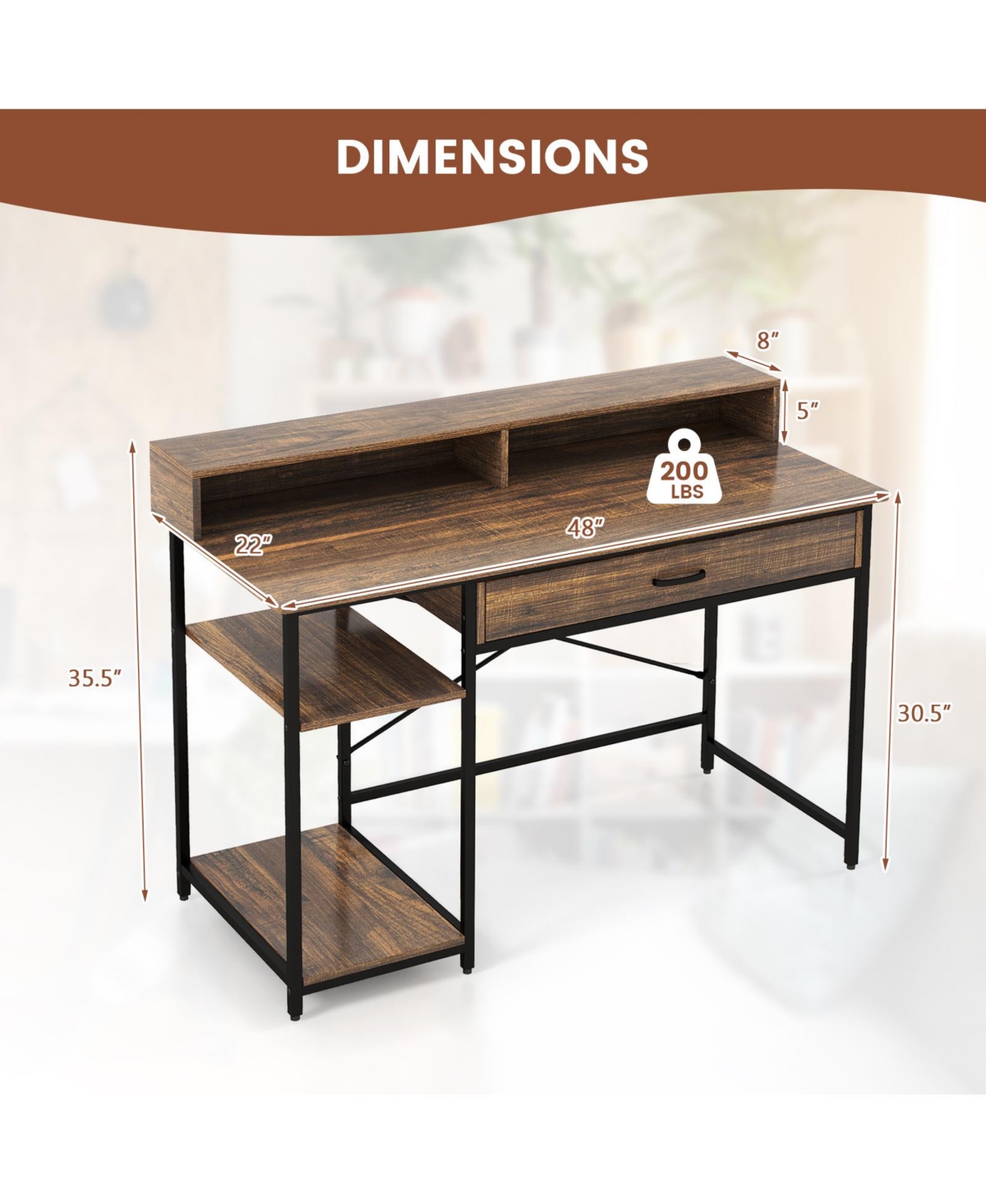 Skonyon 48 Inch Computer Desk with Monitor Stand Drawer and Shelves-Rustic Brown