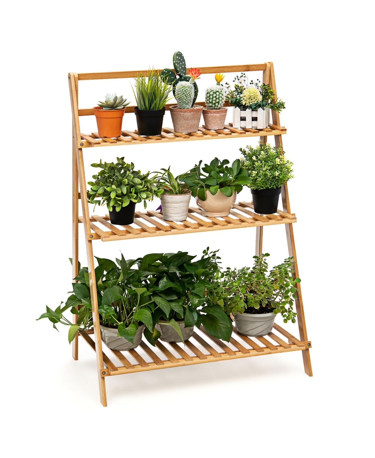 3 Tier Outdoor Bamboo Flower Pot Shelf Stand Folding Display Rack Garden Yard