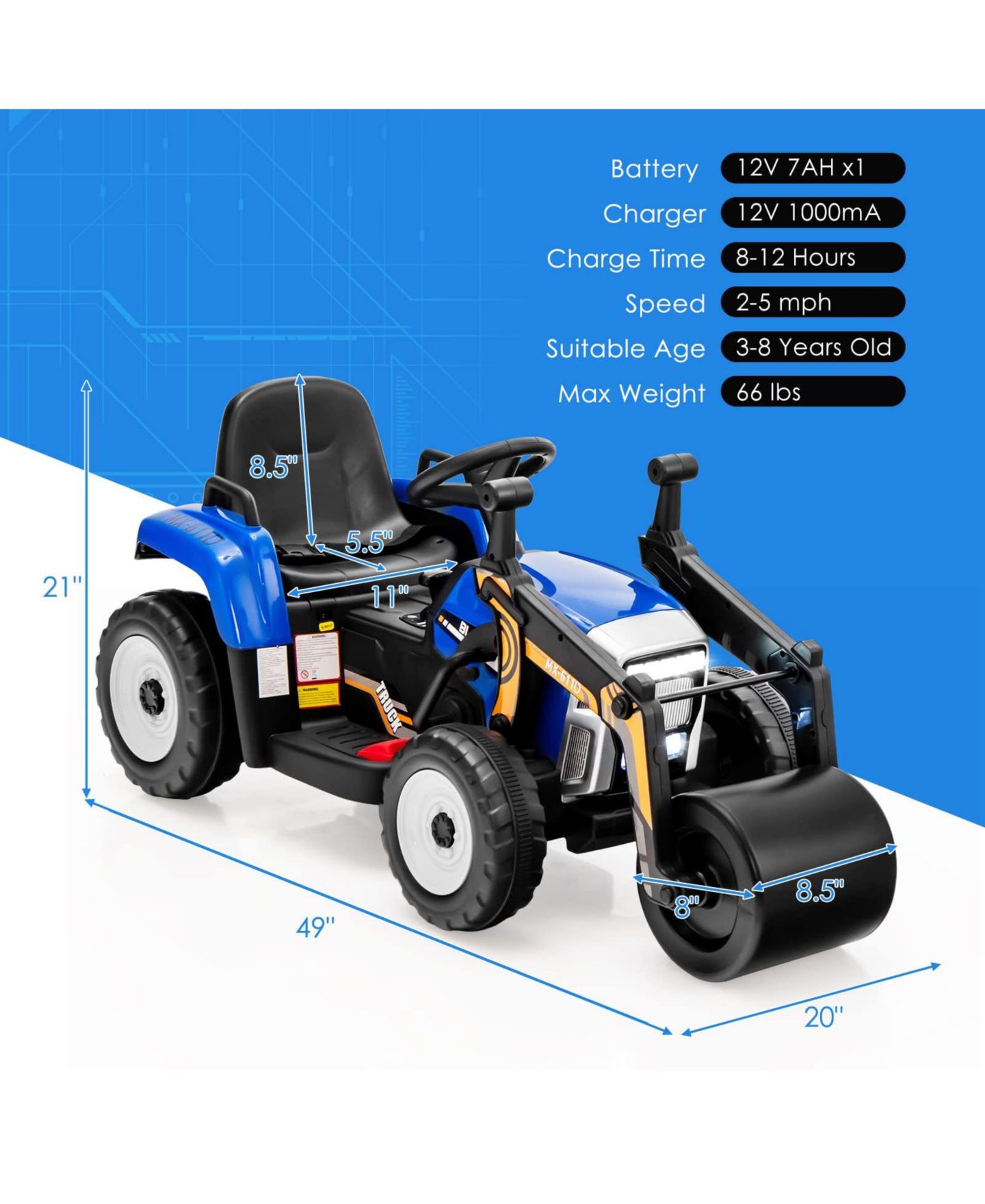 Детская игрушка VEBREDA 12V Steel Road Roller with 2.4G Remote Control Ride-On, Ages 3+, цвет: Синий — фото 7