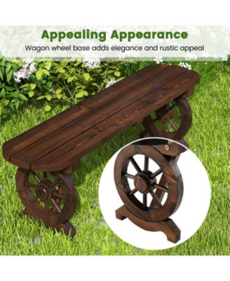 Patio Rustic Wood Bench with Wagon Wheel Base