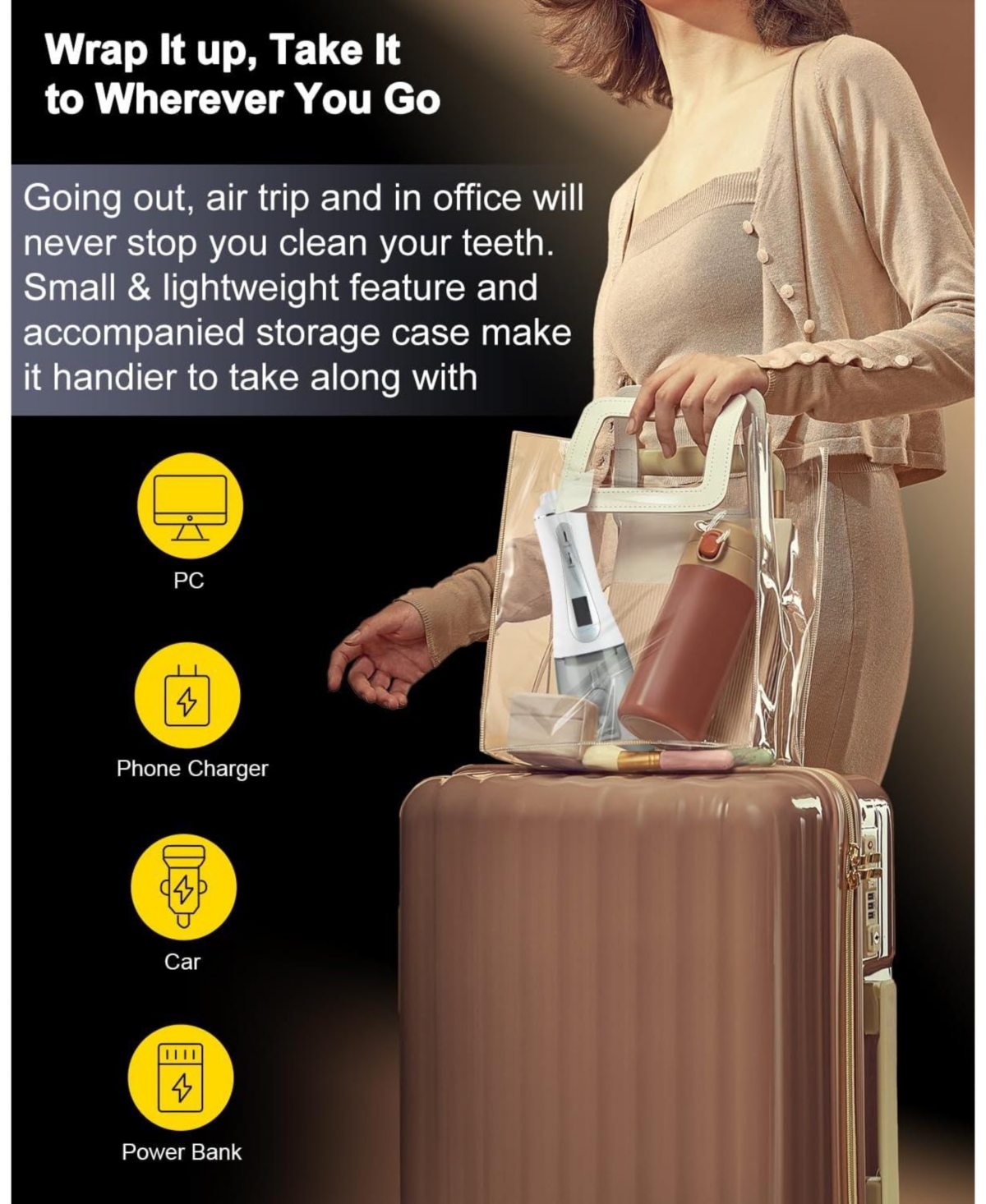 MySmile Powerful Cordless 350ML Water Dental Flosser Portable Oled Display Oral Irrigator with 5 Pressure Modes 8 Replaceable Jet Tips and Storage Bag