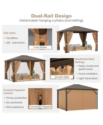 12 x10 Feet Outdoor Hardtop Gazebo with Galvanized Steel Top and Netting-Brown