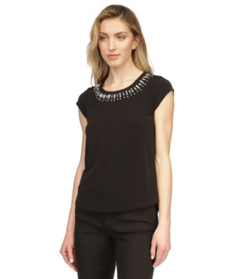 Michael Kors Women's Rhinestone Logo Waffle Knit Top Black Size Small