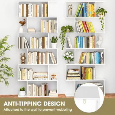 74.8" MDF Wood 6-Tier S-Shaped Bookshelf Freestanding Bookcase Storage Organizer for Living Room & Office