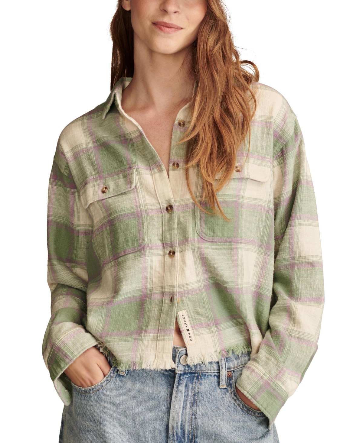 Women's Cotton Raw Edge Plaid Cropped Button Down Top - Green Plaid