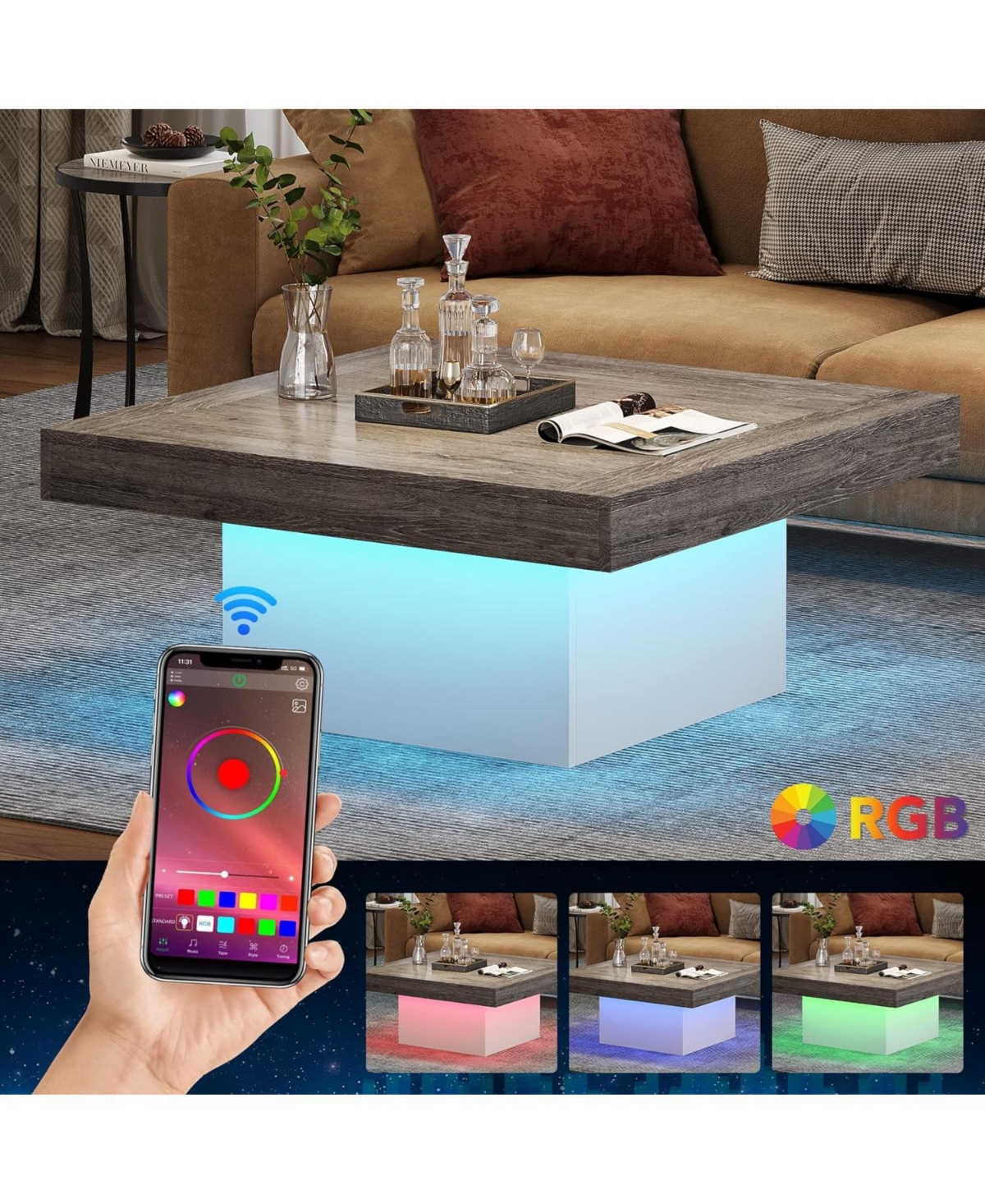 Tribesigns Coffee Table Square Led Coffee Table Engineered Wood Low Coffee Table for Living Room - Grey and white