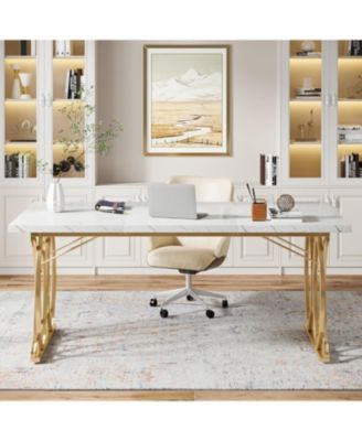 Modern Dining Table, 63" Large Kitchen Table for 4-6 People, Unique Rectangular Dinner Table Kitchen & Dining Room Furniture with Faux Marble Tabletop and Geometric Legs