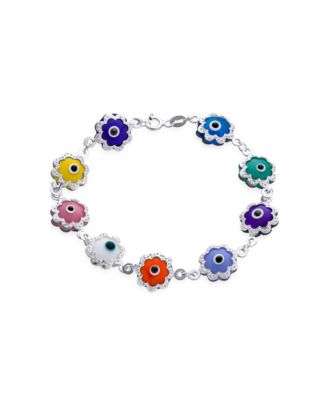 Protection Amulet Turkish Multi Color Charm Floral Round Flower Frame Evil Eyes Bracelet Sterling Silver 7.5 Inch