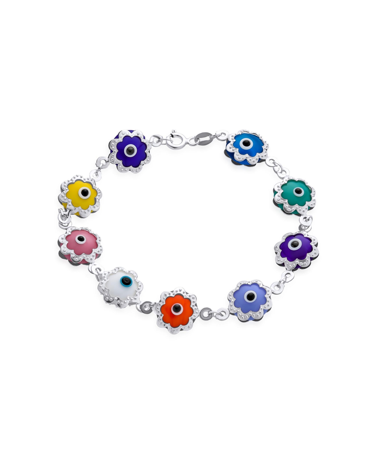Bling Jewelry Protection Amulet Turkish Multi Color Charm Floral Round Flower Frame Evil Eyes Bracelet Sterling Silver 7.5 Inch