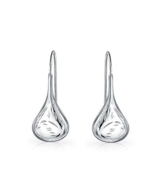 Carved Etched Puffed Pear Shaped Rain Drop Teardrop Earrings Fishhook Sterling Silver