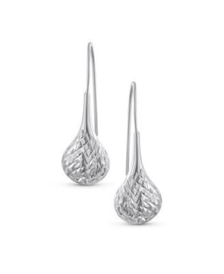Carved Puffed Pear Shaped Rain Drop Teardrop Earrings For Women Fishhook Sterling Silver 1.5 Inch