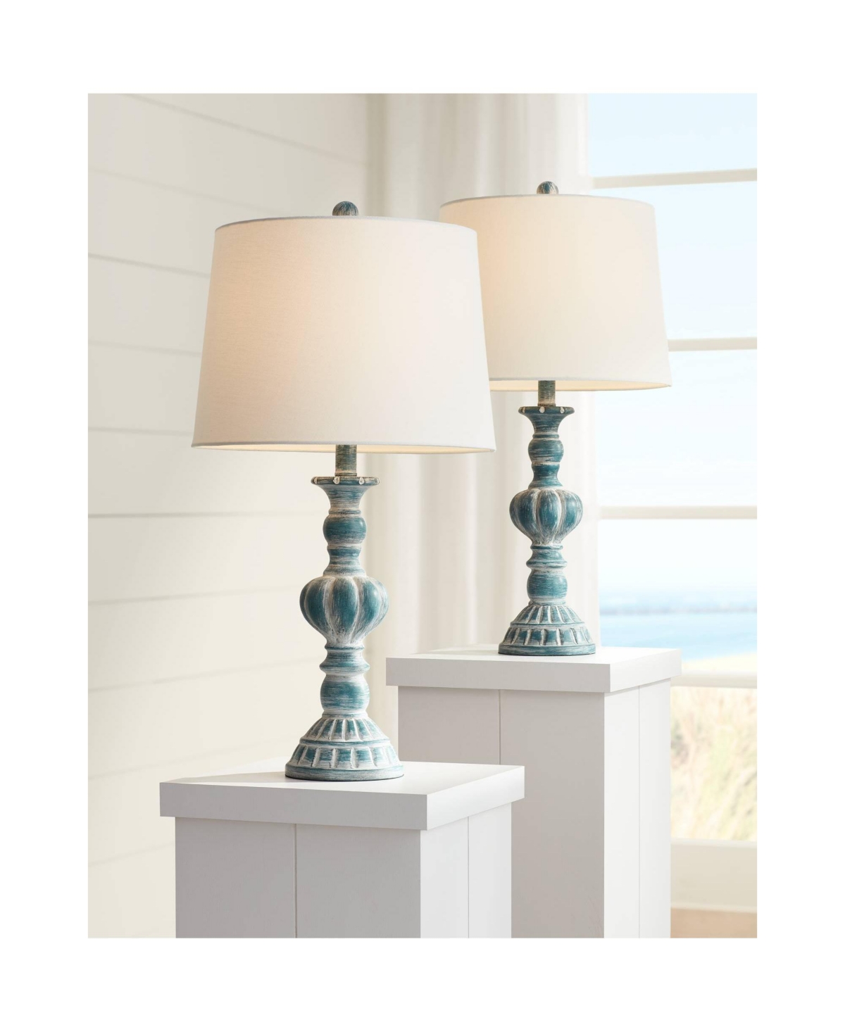Tanya Coastal Traditional Vintage like Style Table Lamps High Set of 2Washed White Tapered Drum Shade Decor for Living Room Bedroom Beach