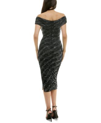 glittering off shoulder bodycon midi dress Velvet Glitter Off the Shoulder Midi Dress with Side Slit main image 0