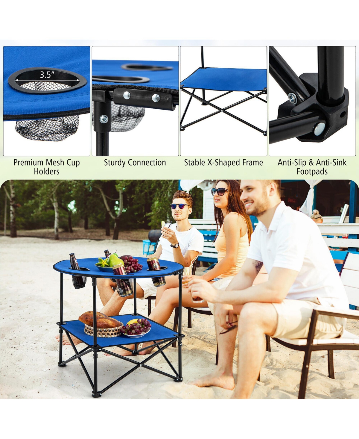 Gymax 2-Tier Foldable Camping Table with Carrying Bag 4 Cup Holders for Bbq Camping - Blue + black