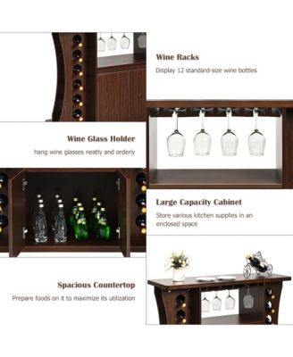 Rolling Buffet Sideboard Wooden Bar Storage Cabinet w/ Wine Rack & Glass Holder