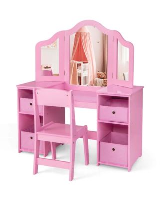 Kids Vanity Table &amp; Chair Set 2-in-1 Princess Pretend Play Makeup Vanity Set