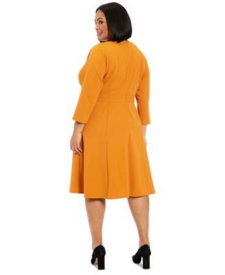Plus Size 3/4-Sleeve Tab-Waist Fit & Flare Dress