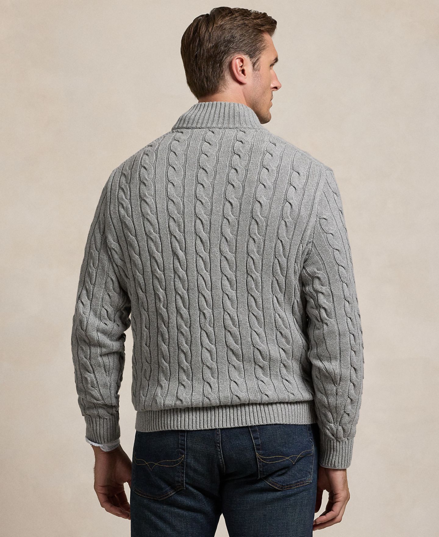 Мужской свитер Polo Ralph Lauren Big & Tall Cable-Knit Cotton Quarter-Zip, цвет: Палевый серый меланжевый — фото 4