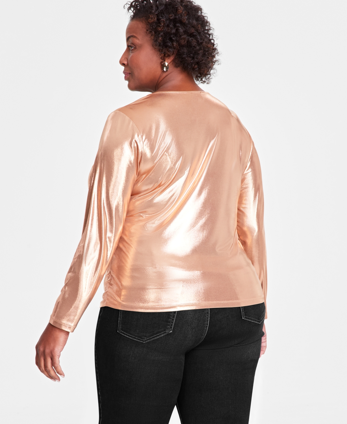 I.n.c. International Concepts Plus Size Asymmetrical-Neck Metallic Foil Top, Created for Macy's