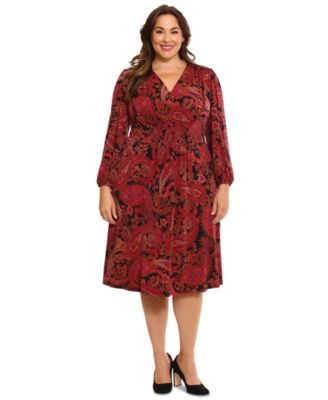 London Times - Plus Size Paisley V-Neck Long-Sleeve Midi Dress