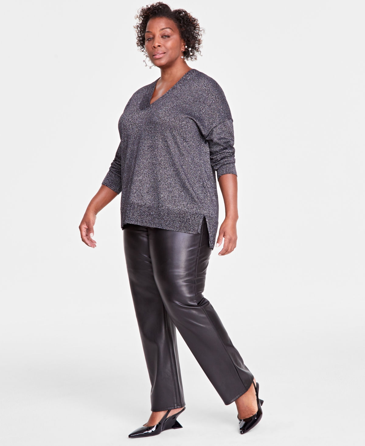 INC INTERNATIONAL CONCEPTS PLUS SIZE METALLIC-KNIT V-NECK SWEATER, CREATED FOR MACY'S 