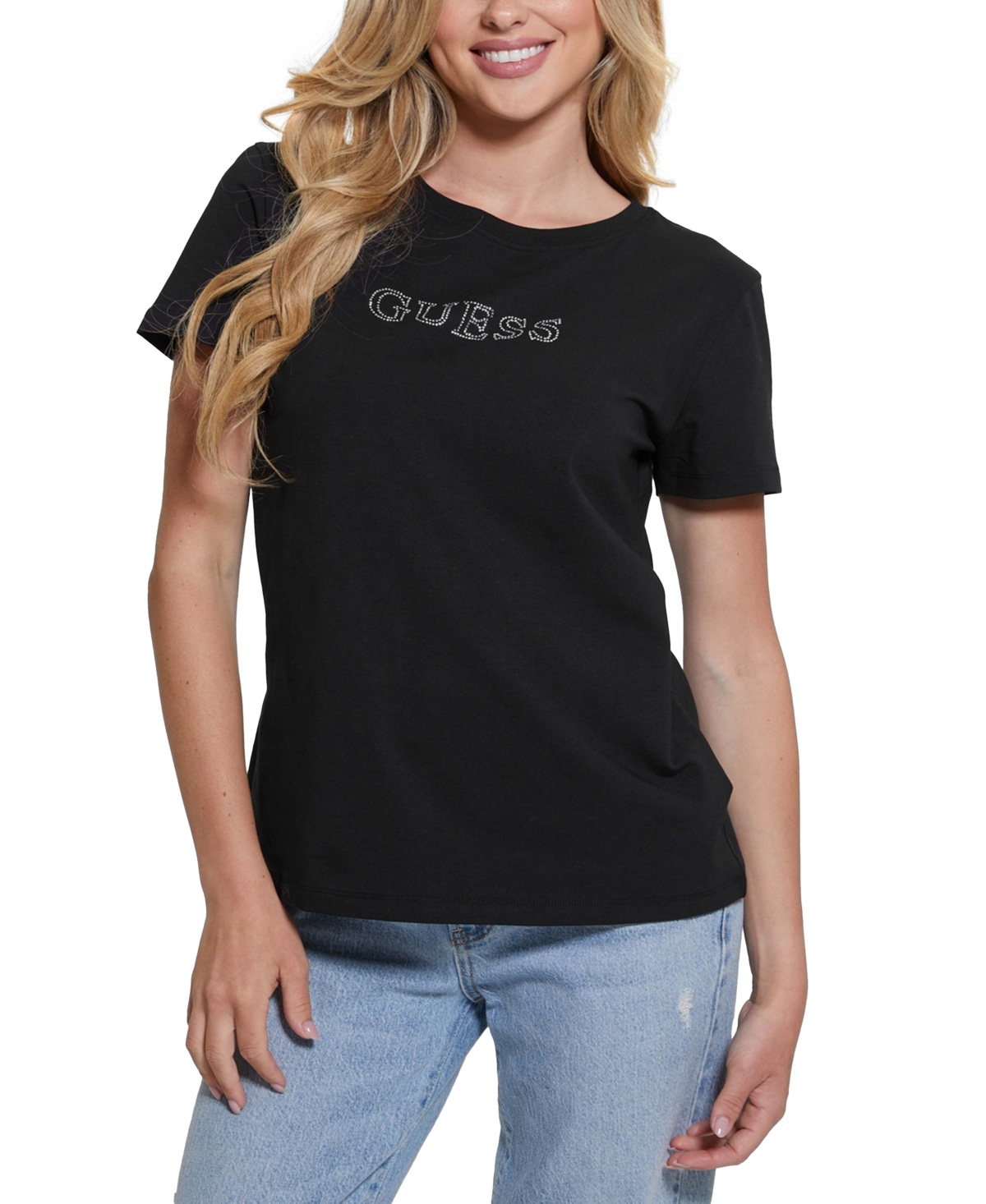 Guess Briana Embellished Logo T-shirt In Black