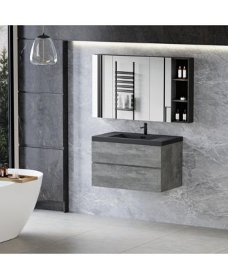 36&amp;#x22; MFC &amp; Quartz Sand Wall-Mounted Design, Soft-Close Hinges &amp; Water-Resistant Finish Bathroom Vanity