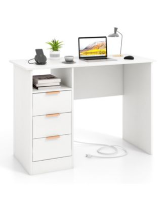 Home Office Desk with Power Outlet 3 Storage Drawers and Open Compartment-White