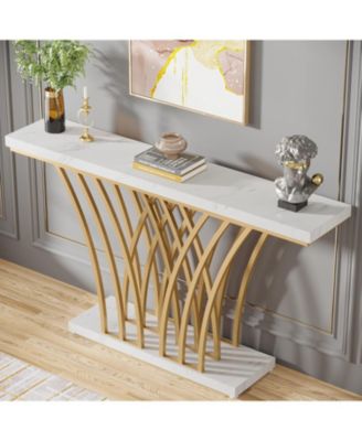 Modern Gold Console Table with Grid-Shaped Metal Base and 59-Inch Faux Marble Top for Entryway, Hallway or Living Room