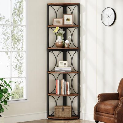 Tall Corner Shelf, 6 Tier Rustic Corner Bookshelf Bookcase Storage Rack Standing Shelving Unit